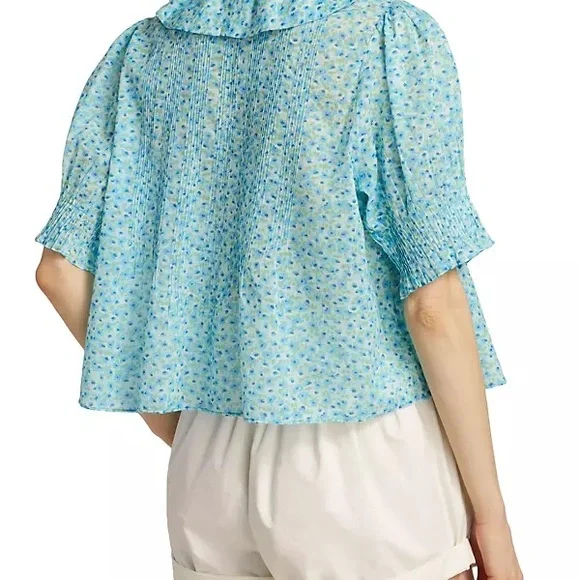 Doen Henri Blue Daisy Fields Floral Ruffle Blouse XS - Picture 2 of 4